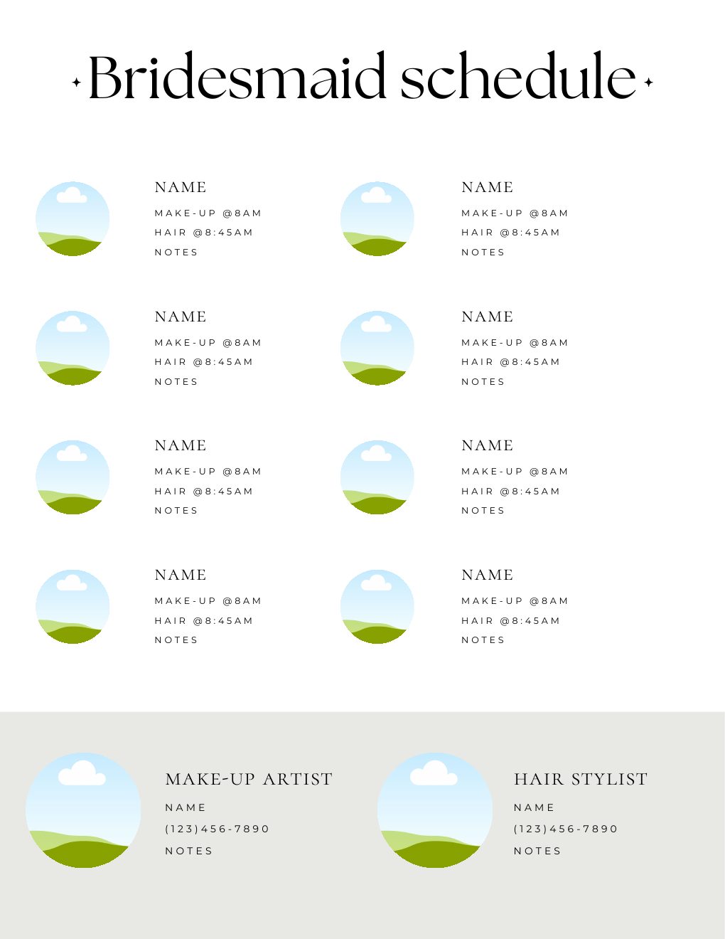 Bridesmaid schedule