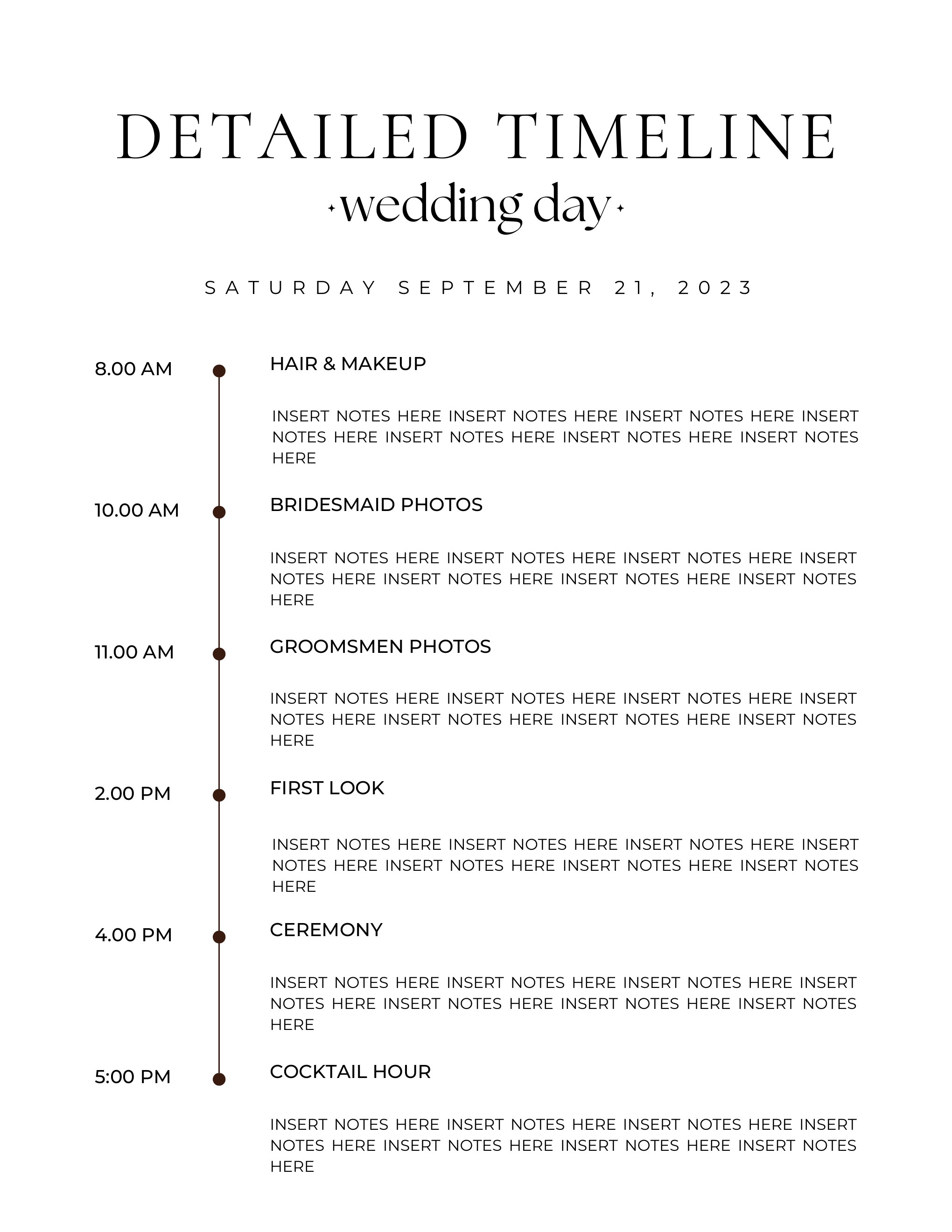 Detailed hour-by-hour wedding day timeline from the Big Day Binder, rehearsal through reception